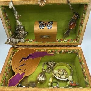 VTG Floral Crackle 1960 Textured Wood Purse Lucite Trinket Box Jewelry Lot